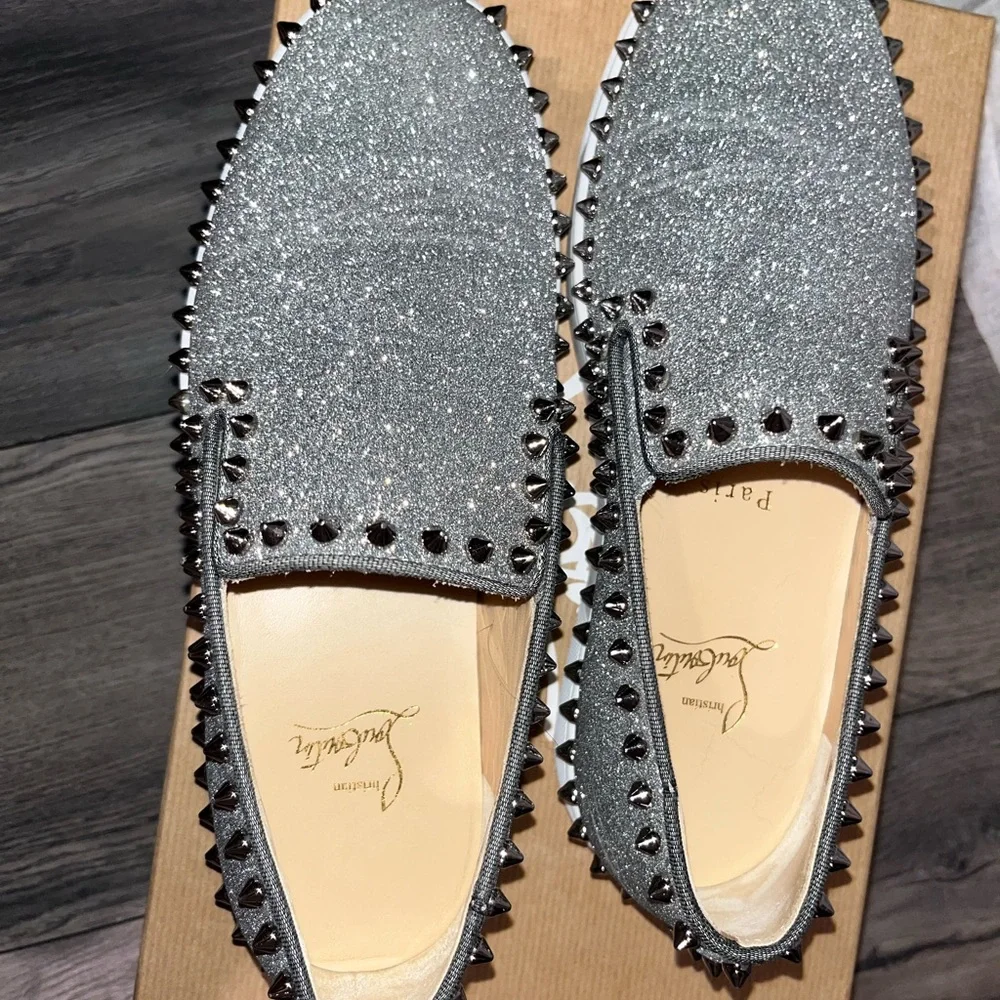 Christian Louboutin Calfskin Spikes Pik Boat Glitter Sneakers 37.5 Silver - Picture 3 of 6